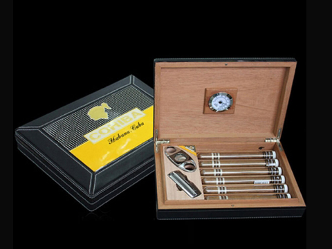 Set Hộp đựng Cigar, bật lửa Cigar, dao cắt Cigar Cohiba chất liệu da loại 6 điếu